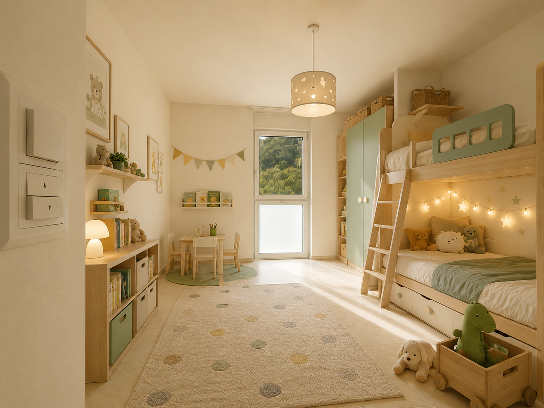 Kinderzimmer mit Hochbett und Spielbereich