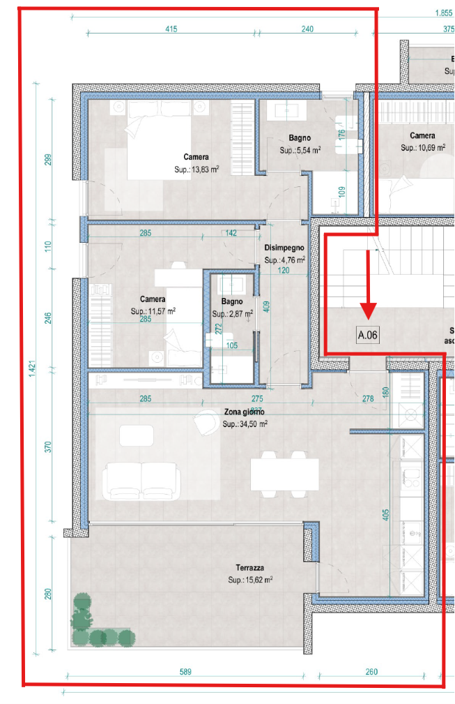 Grundriss einer Wohnung mit Terrasse