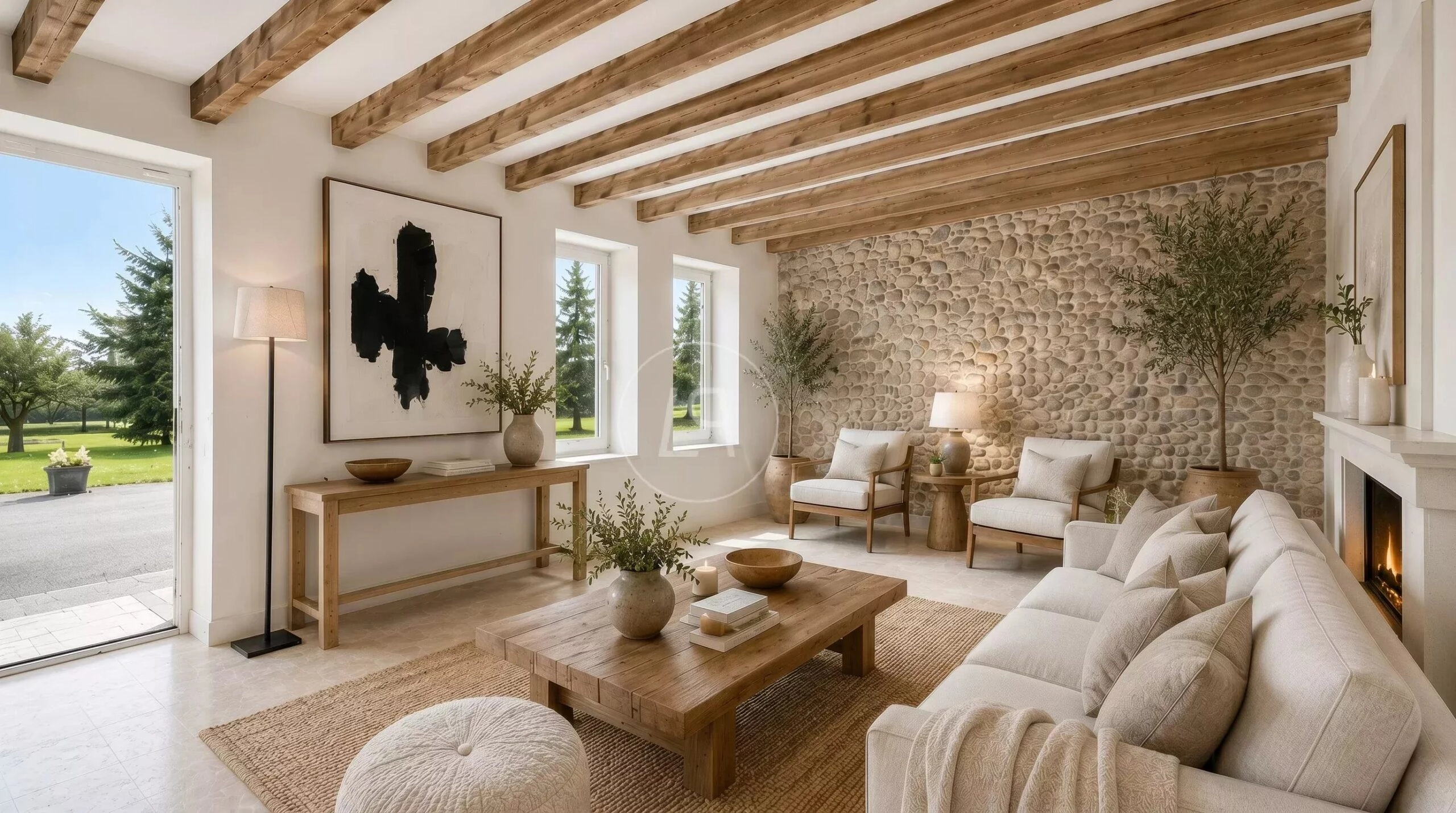 Heller, stilvoll eingerichteter Wohnraum mit Natursteinwand