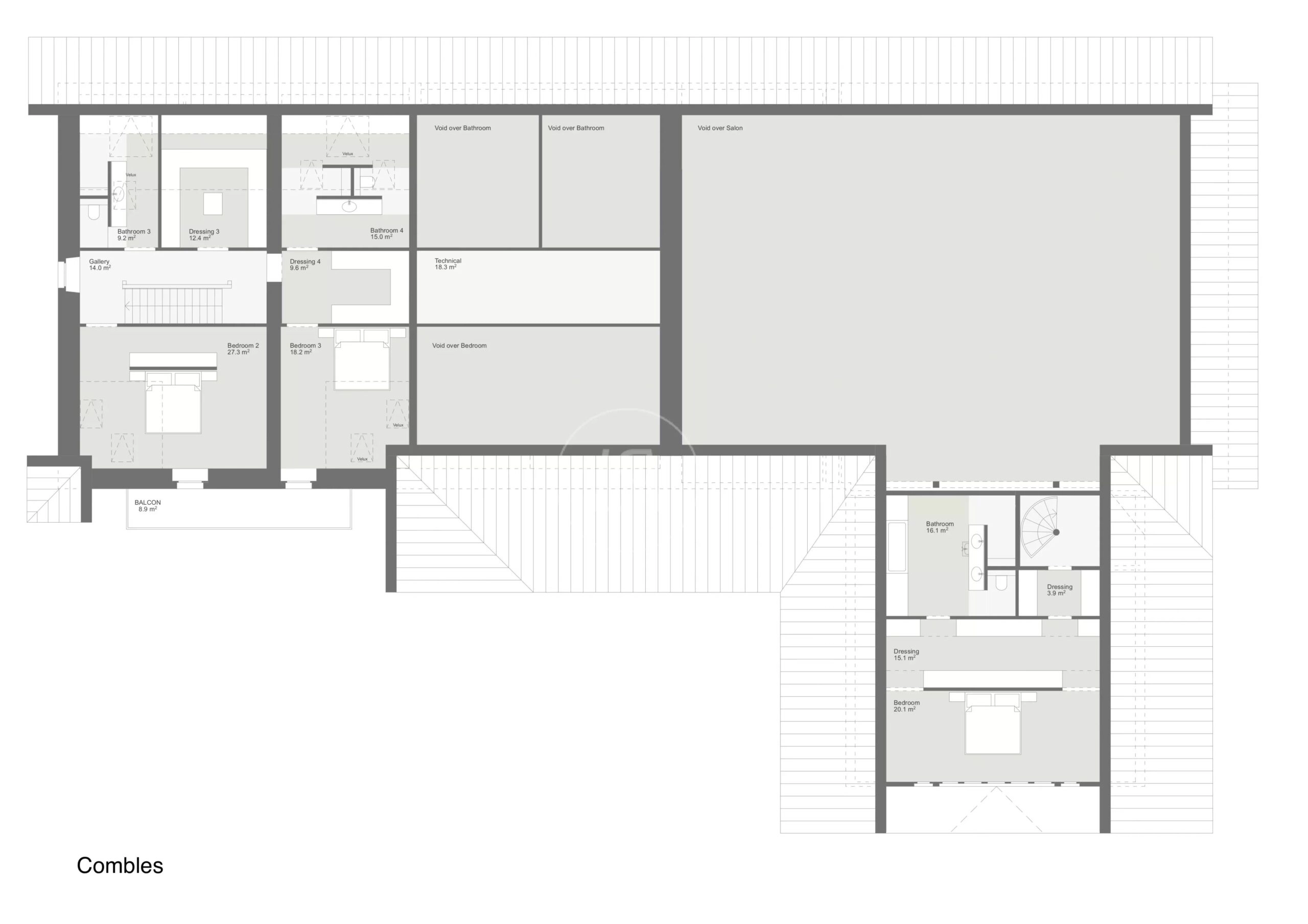 Dachgeschoss-Grundriss mit Schlafzimmern, Ankleiden und Bädern