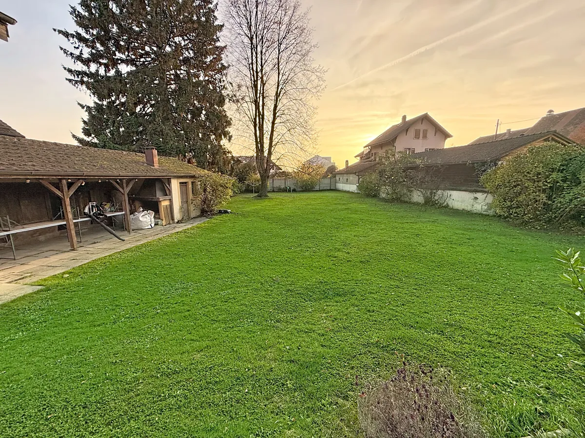 Großer Garten mit Schuppen und Abendhimmel