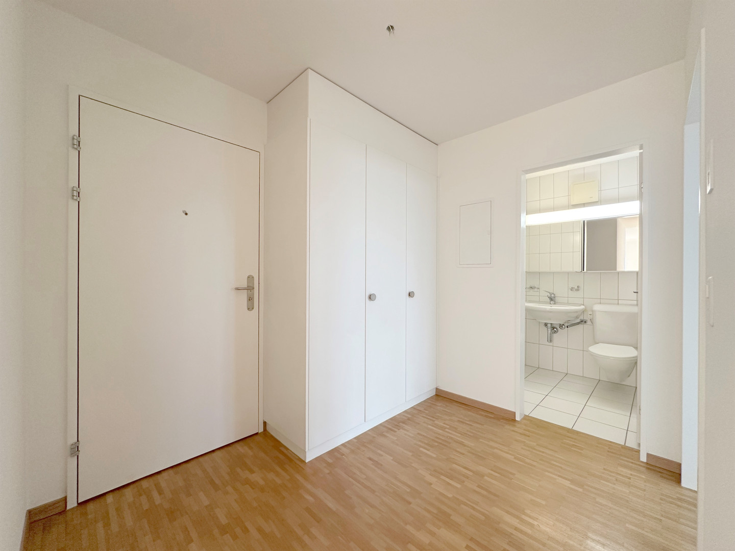 Heller Eingangsbereich mit Blick ins Badezimmer