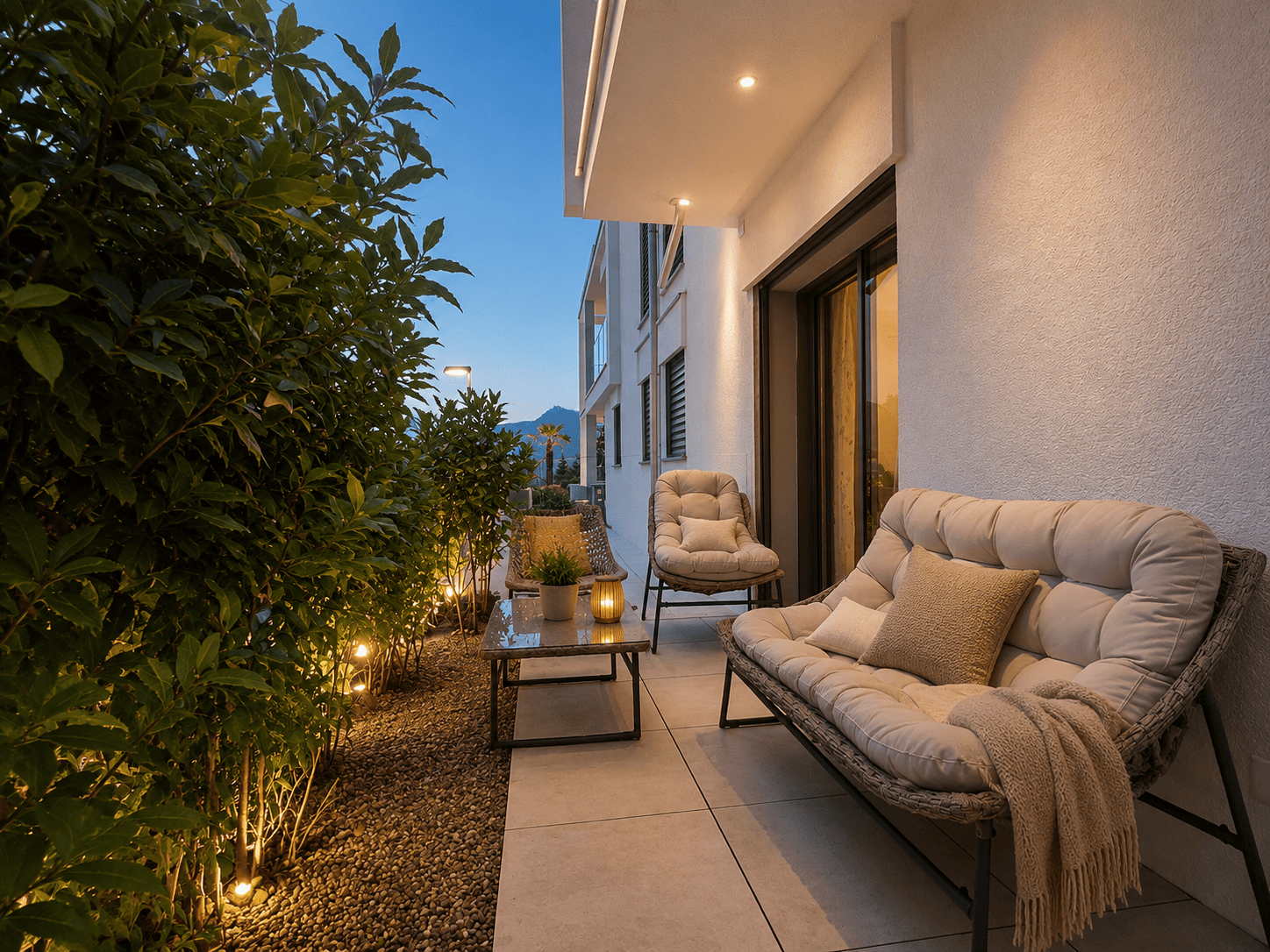 Gemütliche Terrasse mit Lounge-Möbeln am Abend
