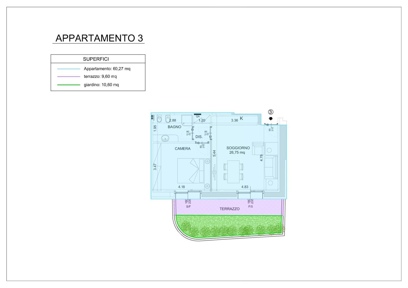 Grundriss eines Apartments mit Terrasse und Garten
