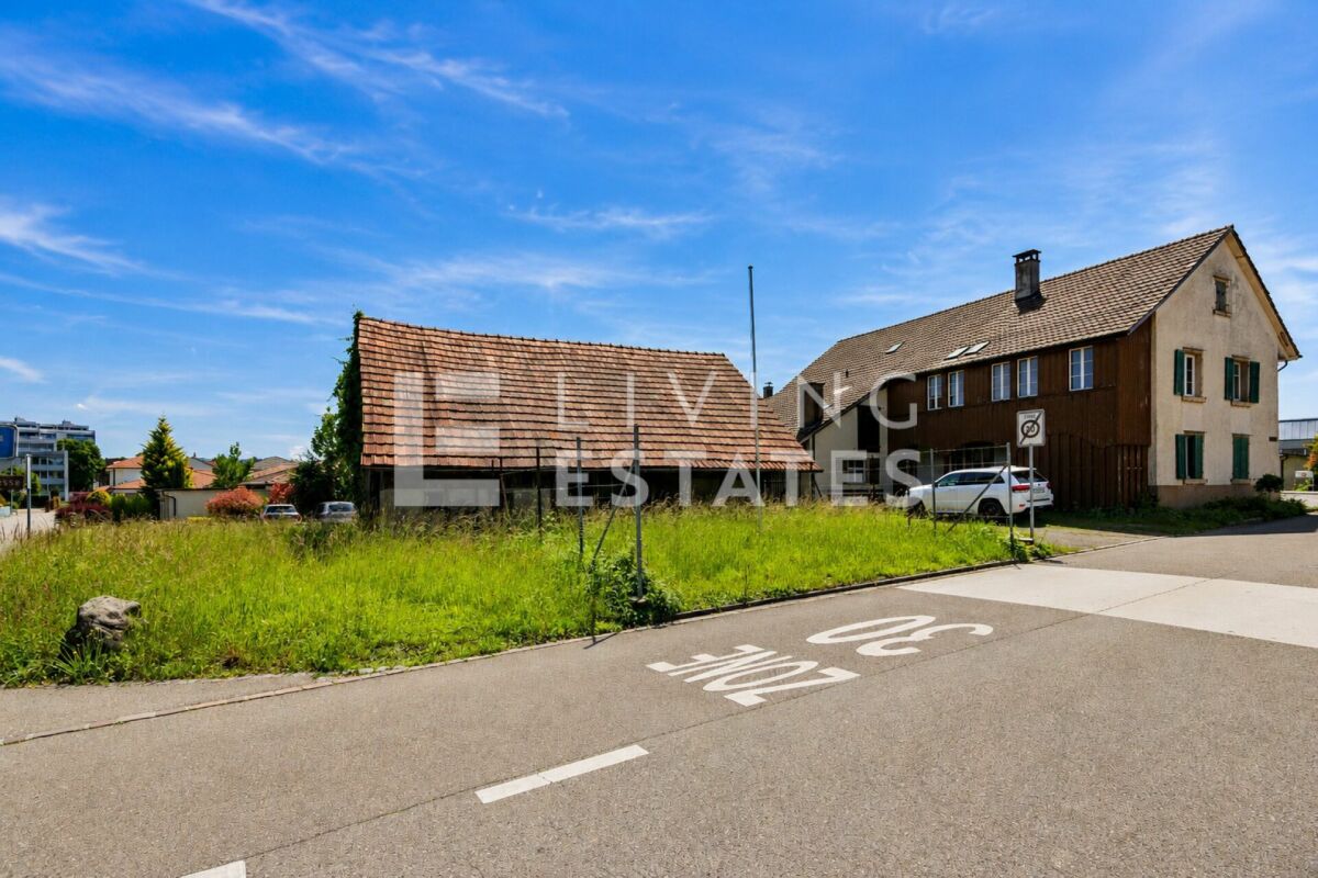 Straßenansicht mit alten Wohnhäusern und Wiese