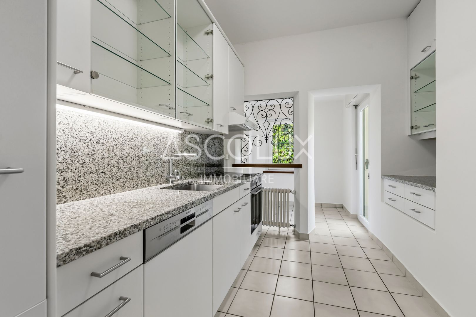 Helle, schmale Küche mit Granit und Glasfronten