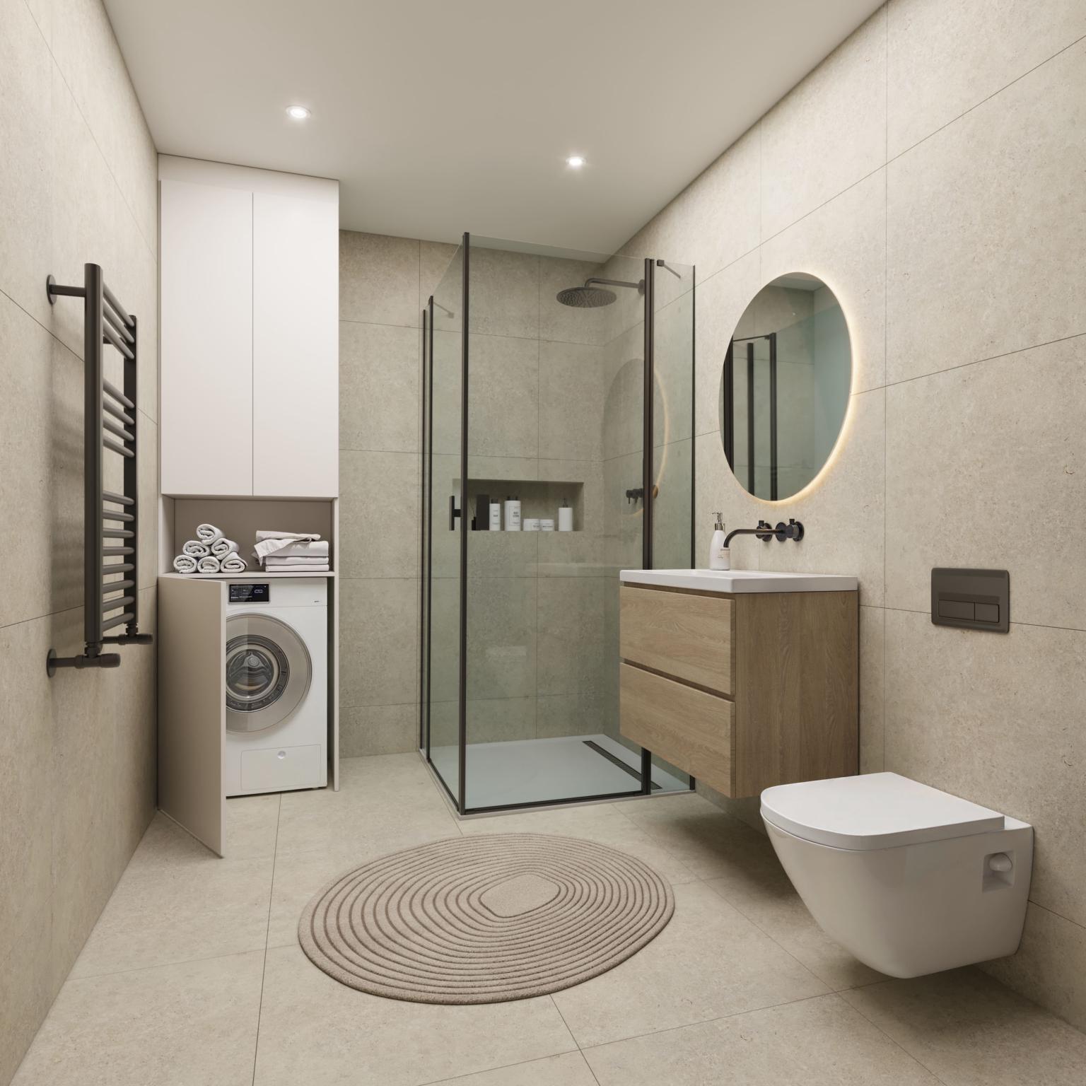 Modernes Badezimmer mit Dusche, Waschtisch und WC