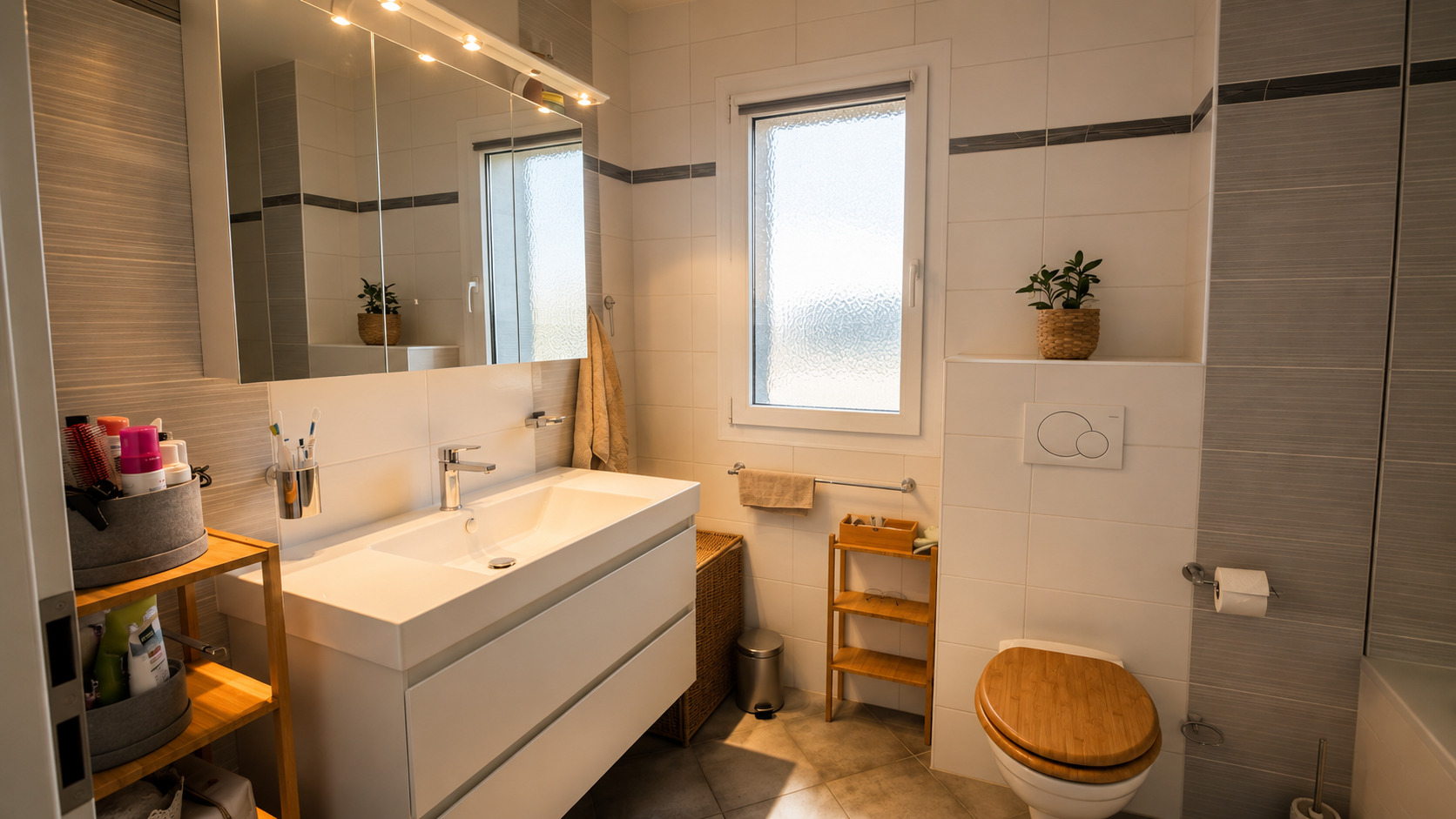 Modernes Badezimmer mit hellem Waschplatz und WC