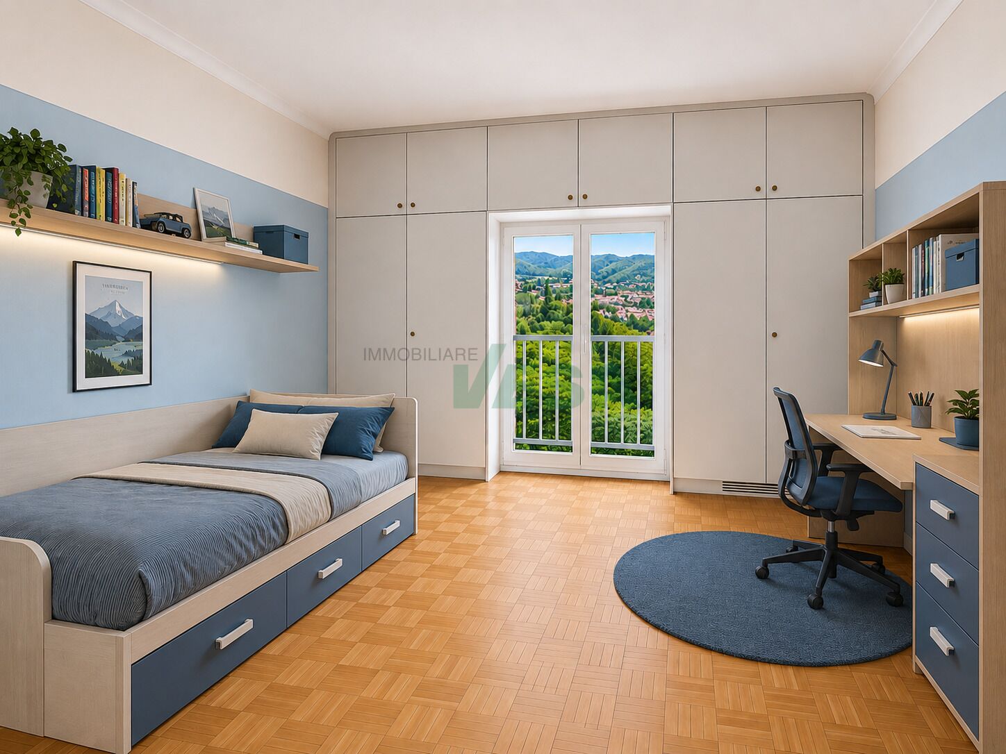 Kinderzimmer mit Arbeitsbereich und Balkonblick