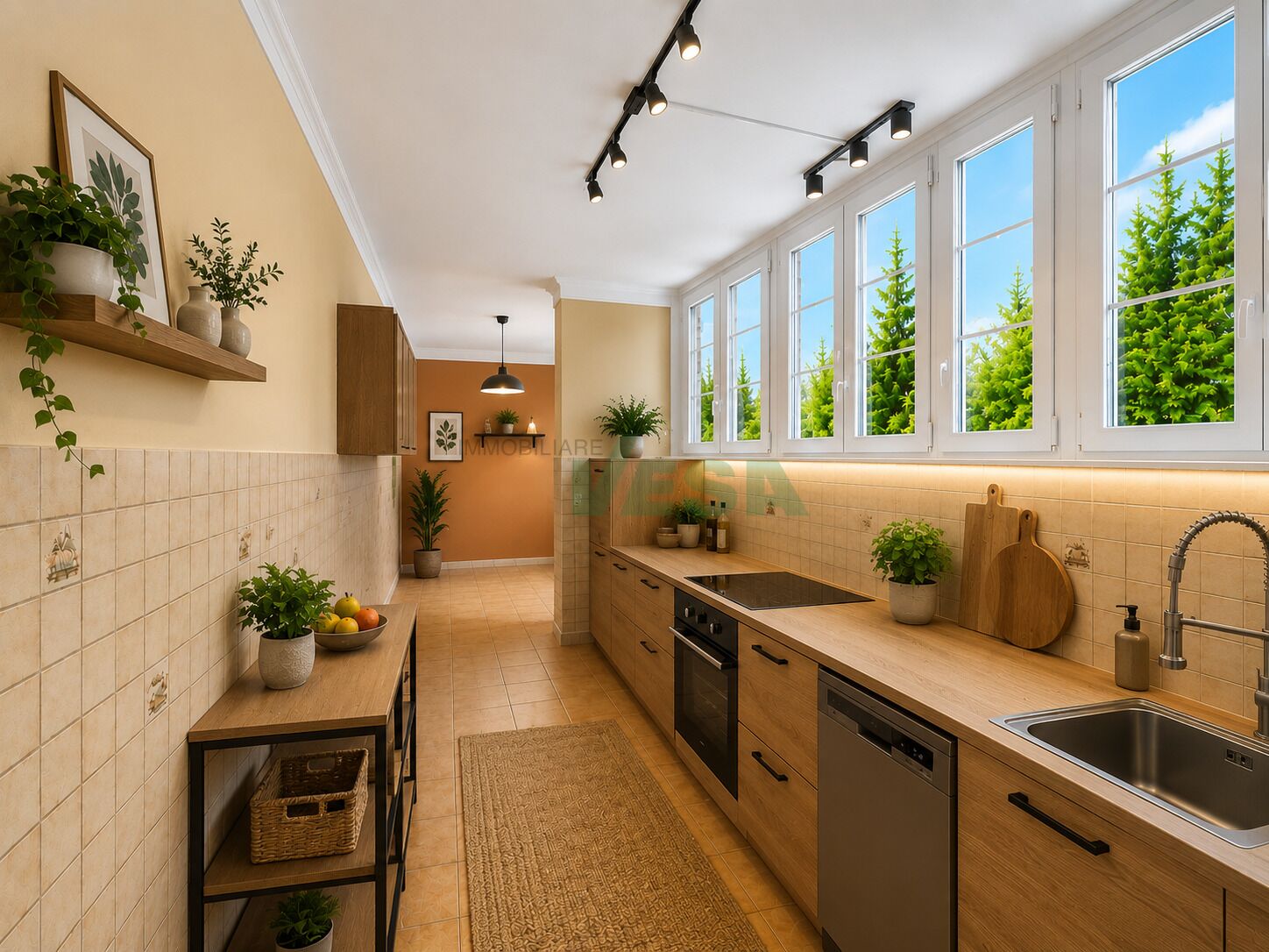Helle, lange Küche mit Holzfronten und großen Fenstern