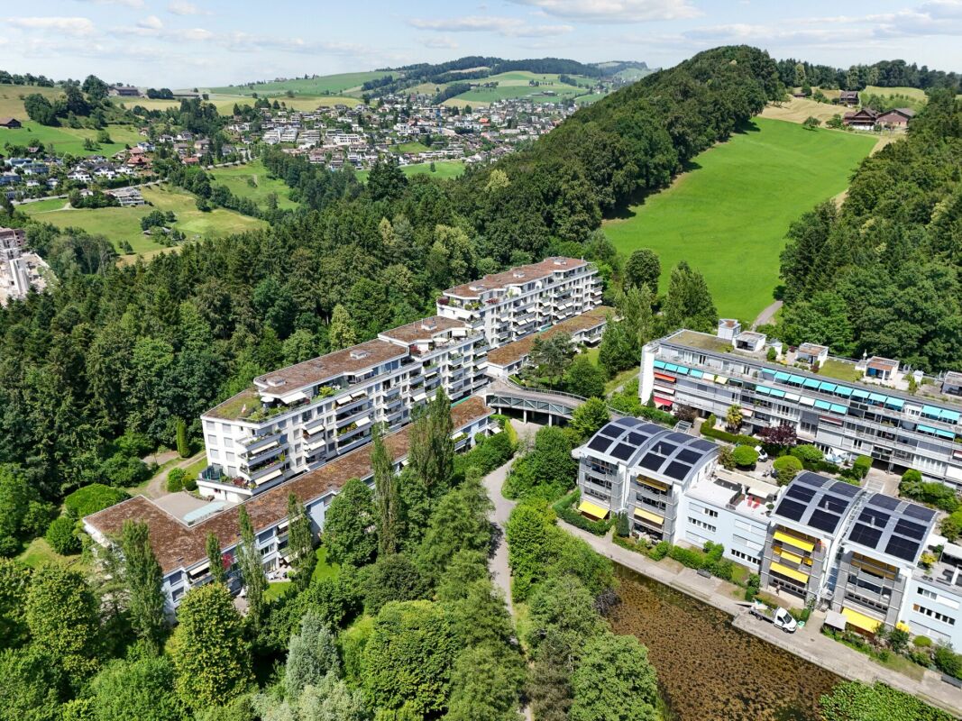 Luftaufnahme einer Wohnanlage im Grünen