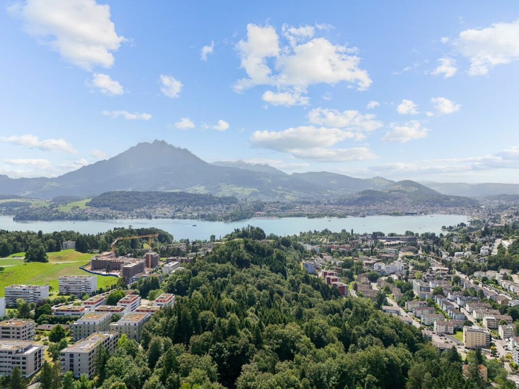 Panoramablick über Stadt, See und Berge