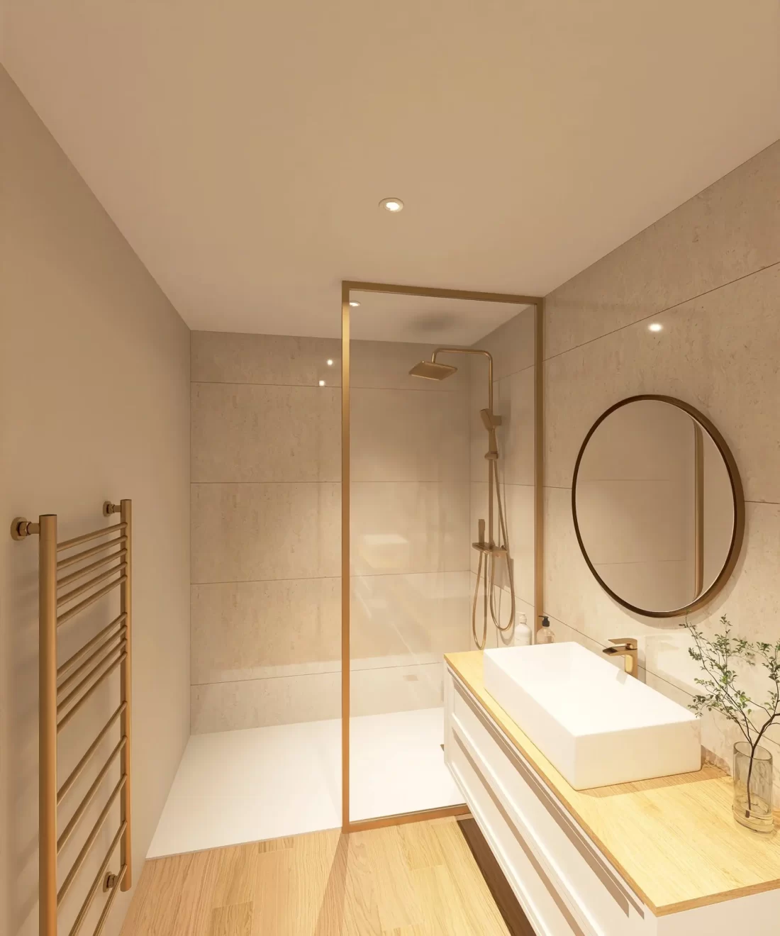 Modernes Badezimmer mit Walk-in-Dusche und Holzoptik-Details