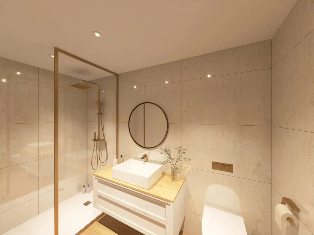 Modernes Badezimmer mit Walk-in-Dusche und Holzoptik-Details