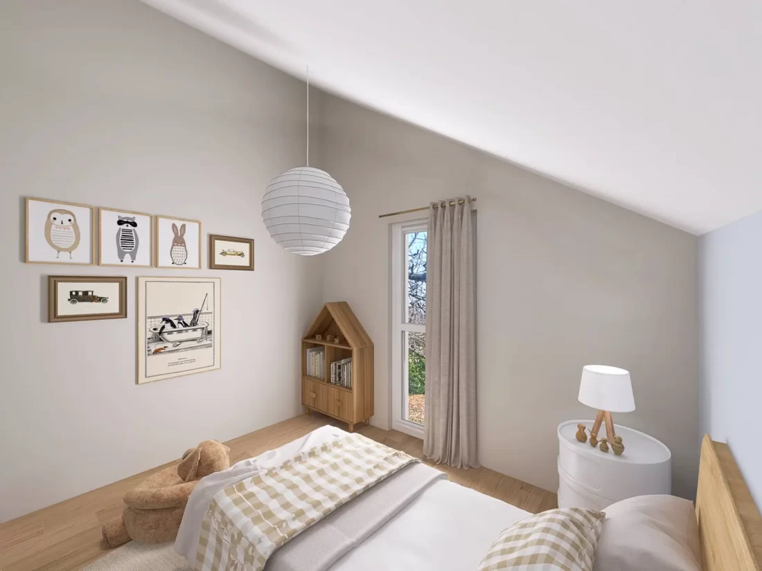 Helles Schlafzimmer mit schräger Decke