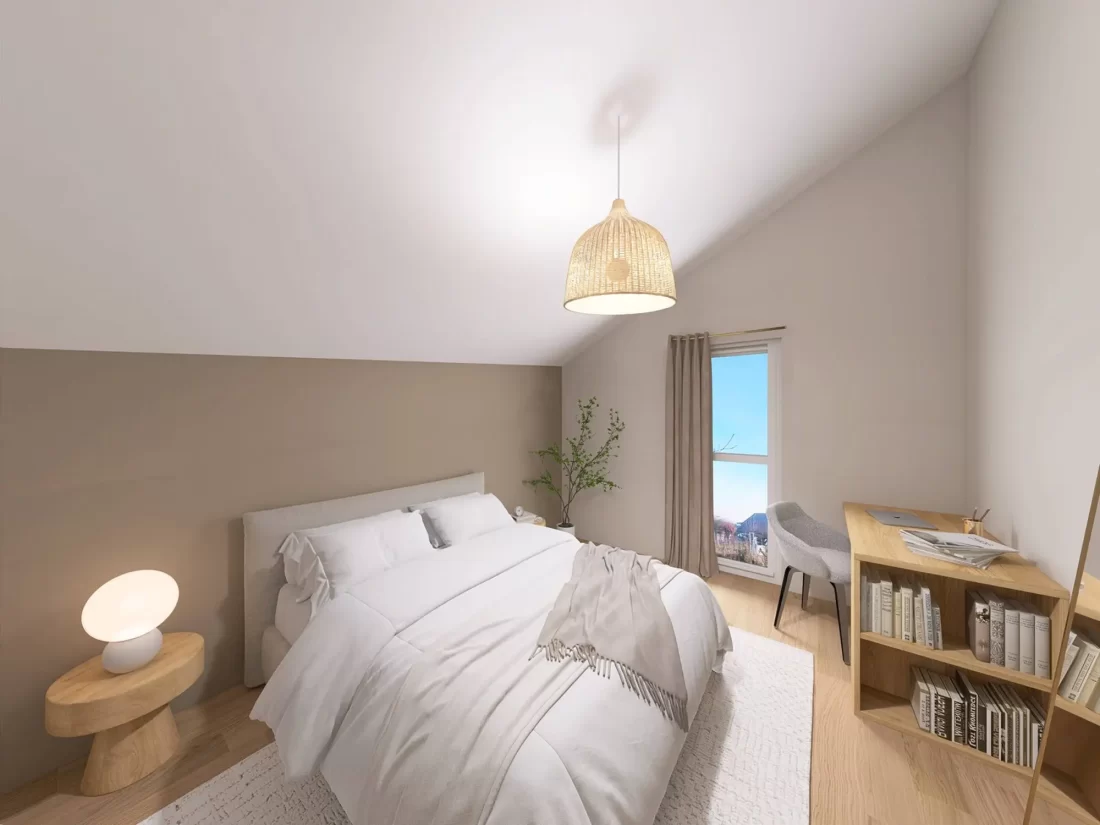 Helles, minimalistisch eingerichtetes Schlafzimmer mit Dachschräge