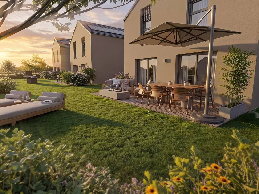 Moderne Reihenhaus-Terrasse mit Garten bei Sonnenuntergang