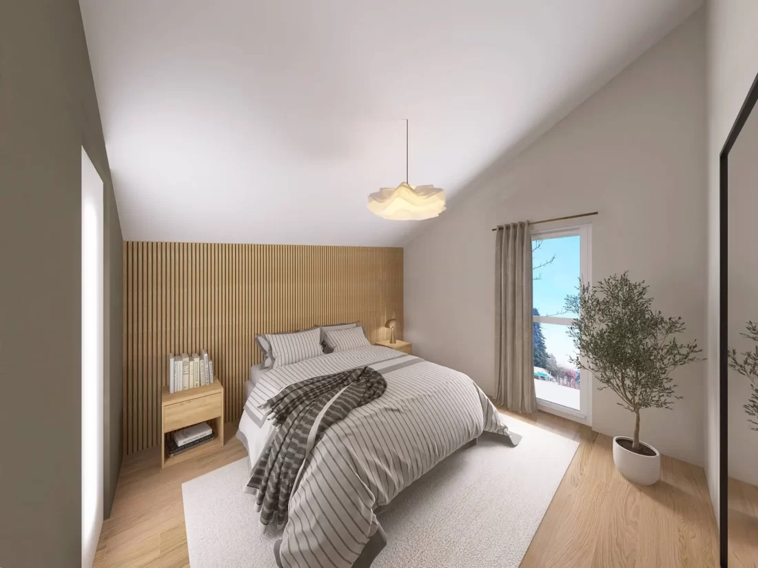 Helles Schlafzimmer mit Holz-Accentwand