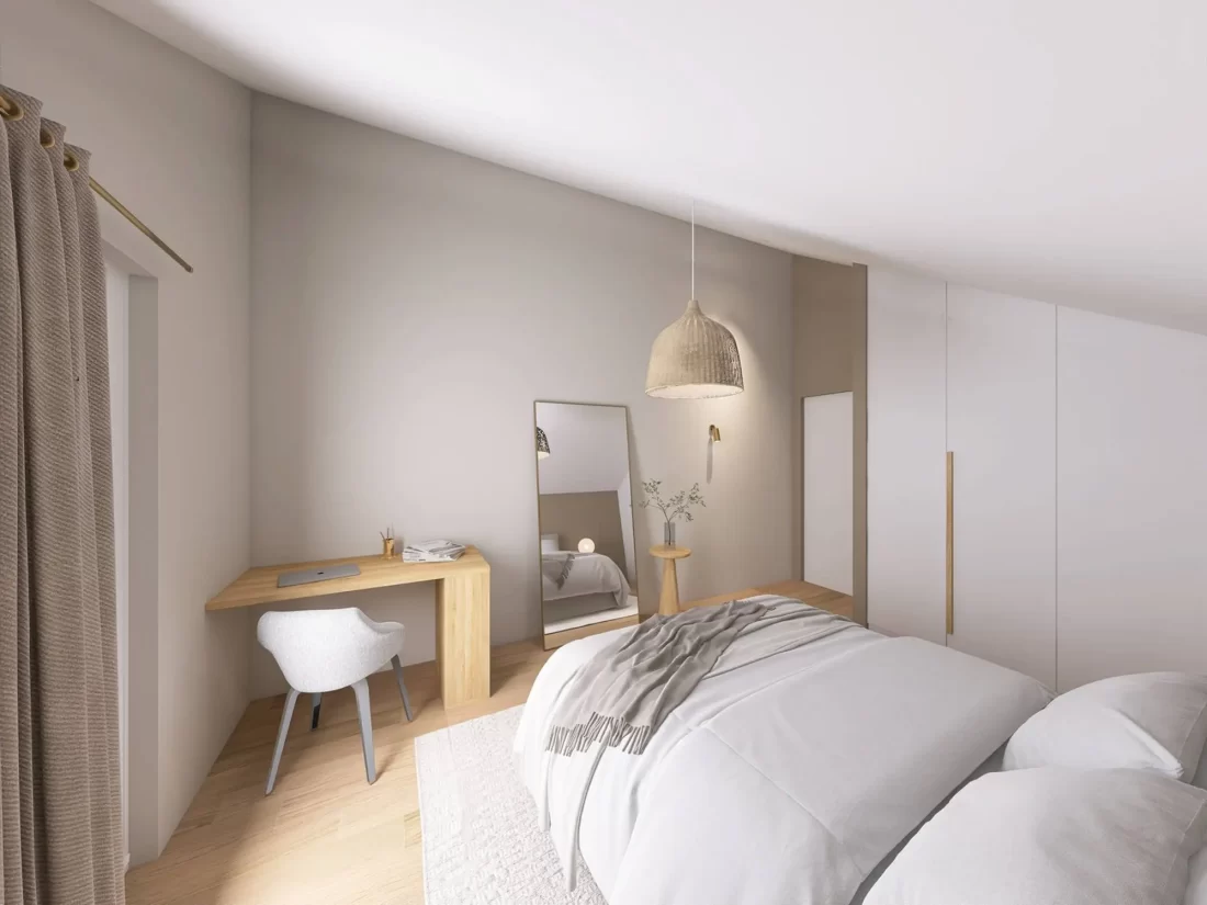 Helles Schlafzimmer mit Schreibtisch und Einbauschrank