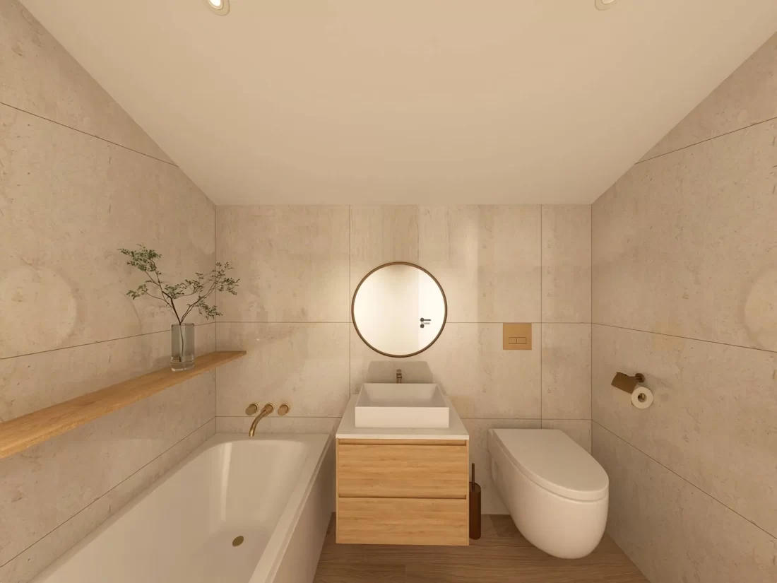 Modernes Badezimmer mit Badewanne, Waschtisch und WC