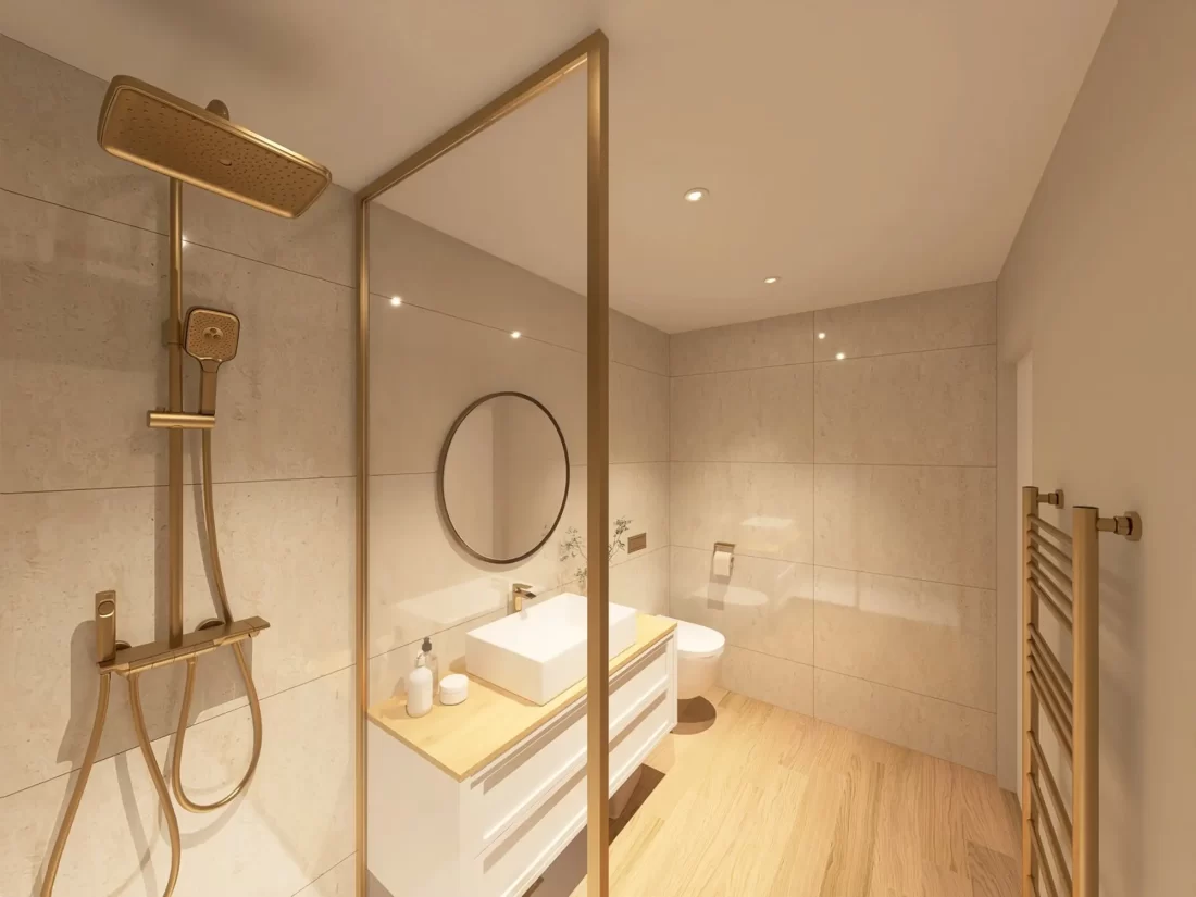 Modernes Badezimmer mit goldenen Armaturen