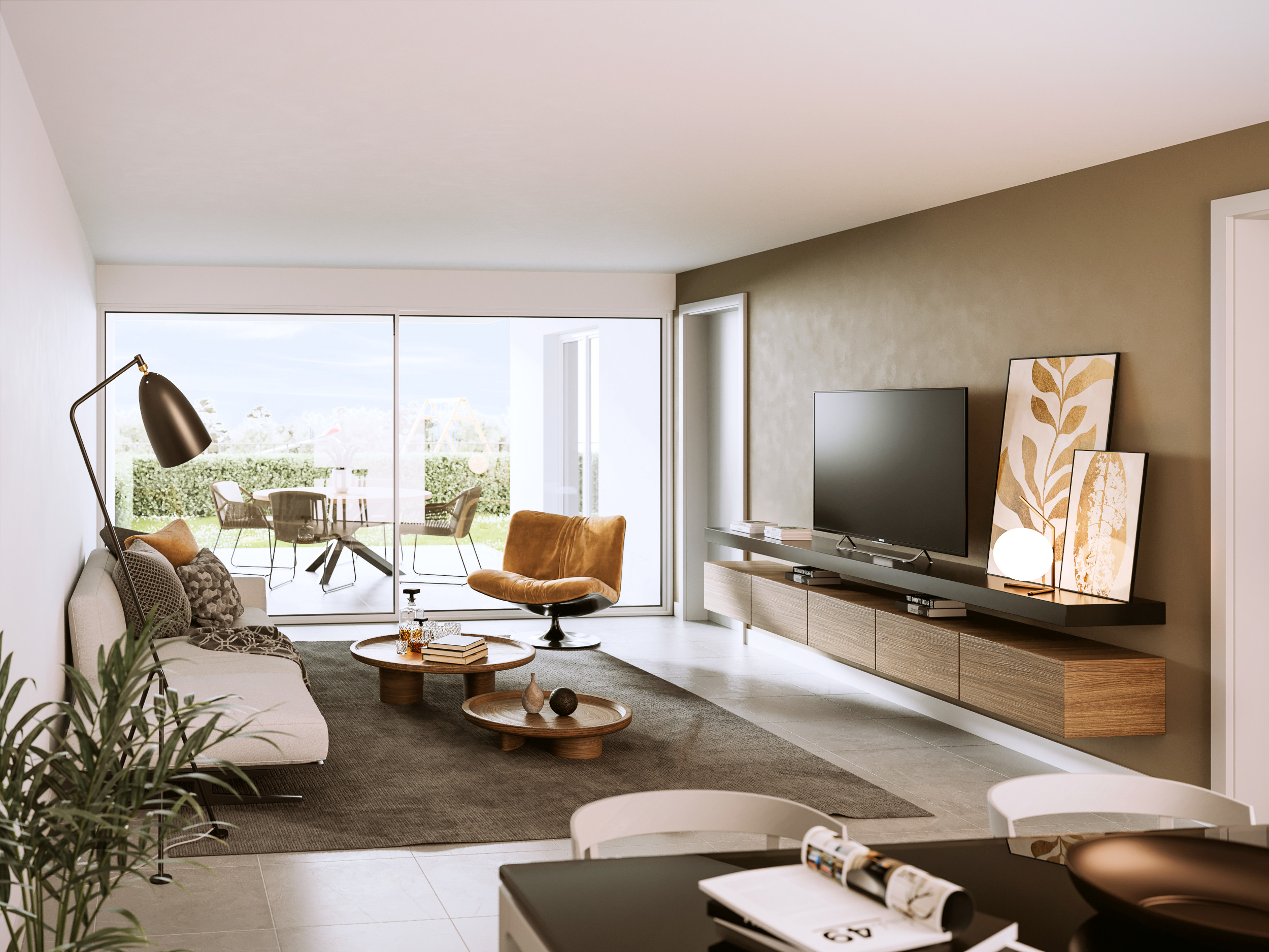 Modernes Wohn-Esszimmer mit Gartenblick