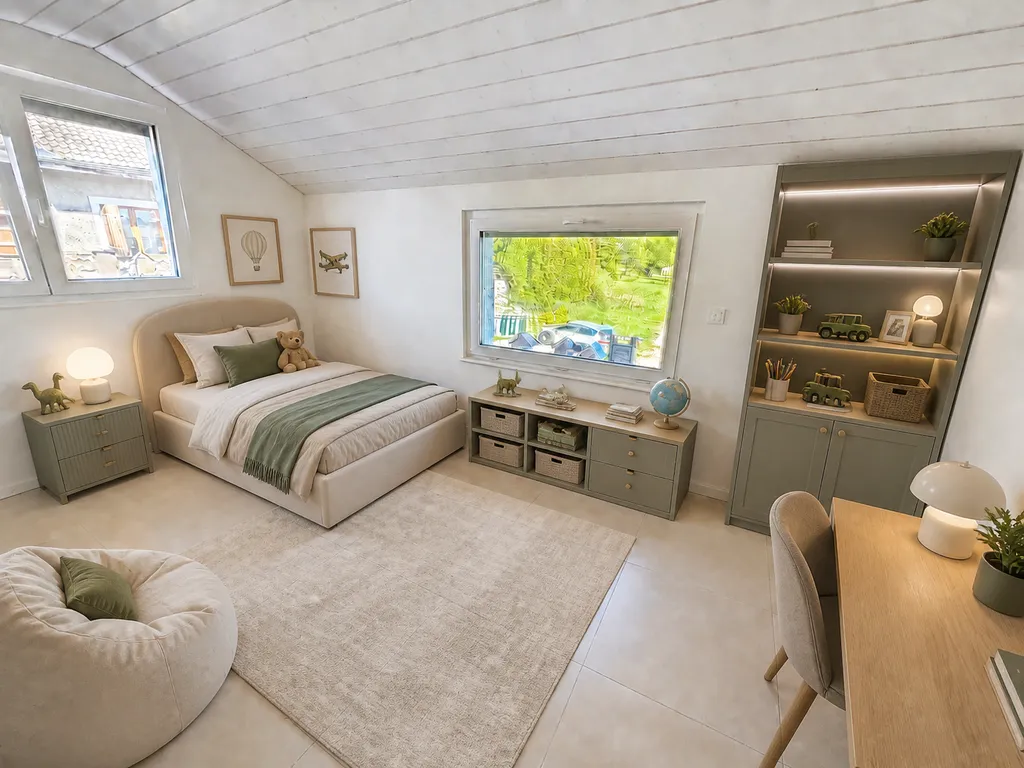 Helles Kinderzimmer mit Möbeln in Salbeigrün und Beige