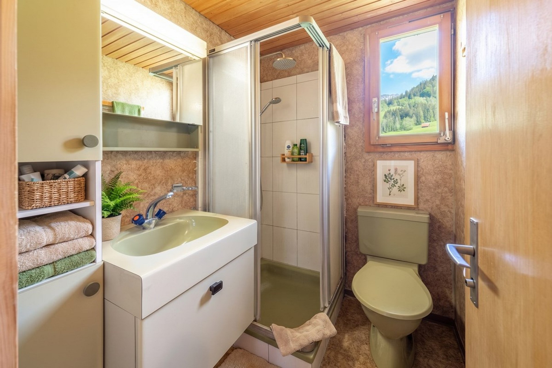 Kleines Badezimmer mit Dusche, Fenster und WC
