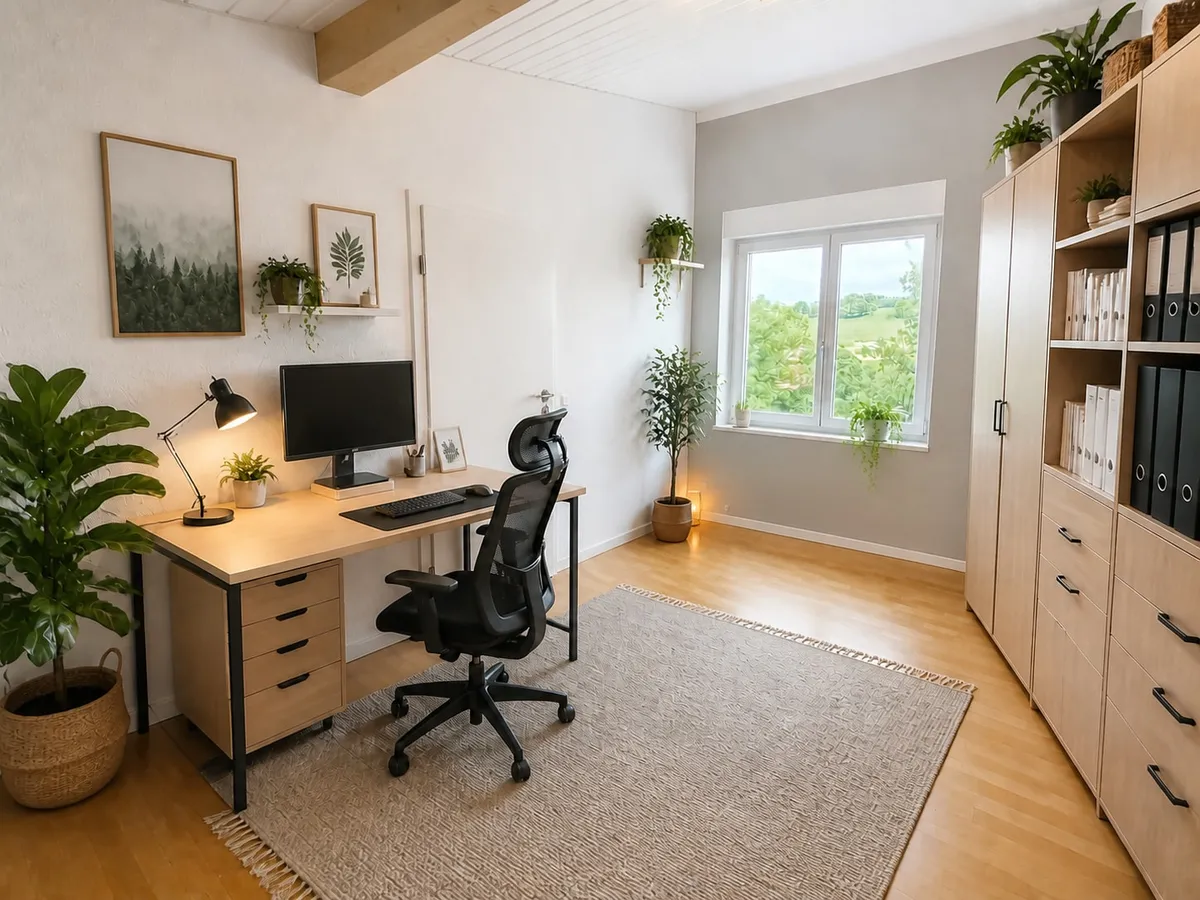 Helles Homeoffice mit Holzmöbeln und Blick ins Grüne