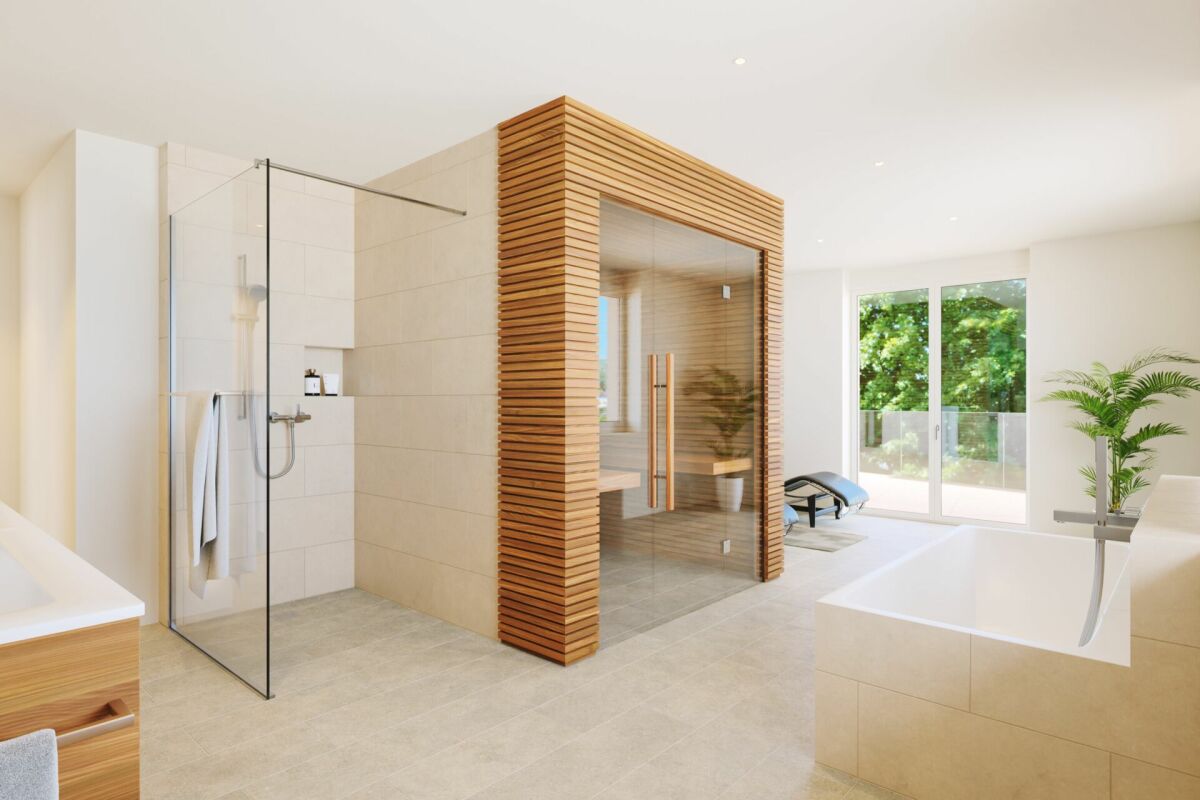 Modernes Badezimmer mit Sauna und Badewanne