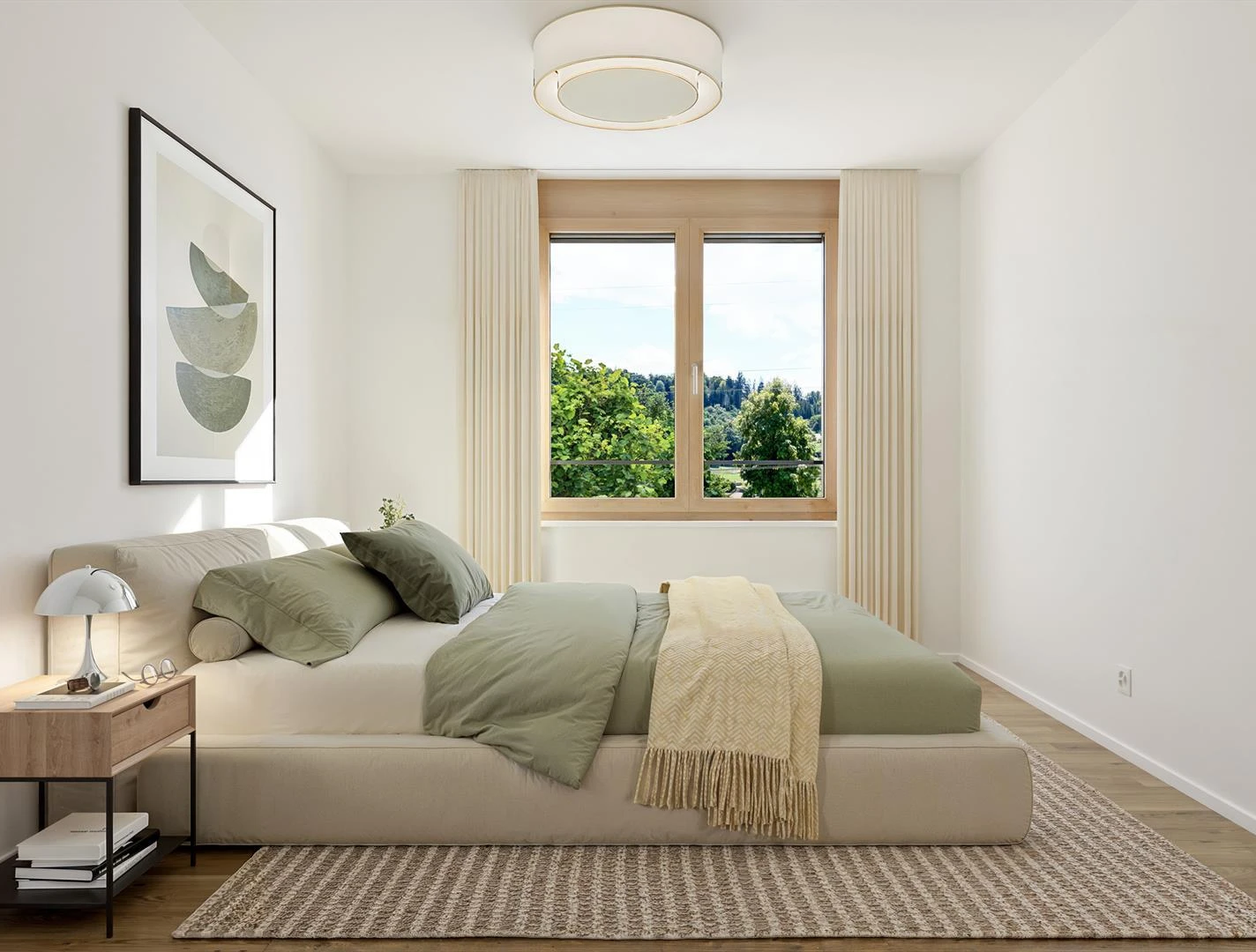 Helles, modernes Schlafzimmer mit Blick ins Grüne