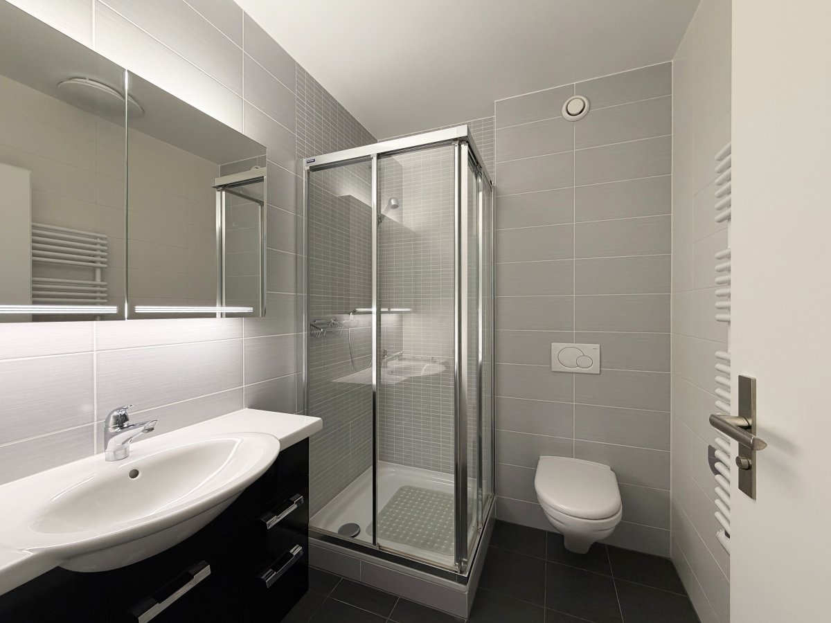 Modernes Badezimmer mit Dusche, Waschtisch und wandhängendem WC