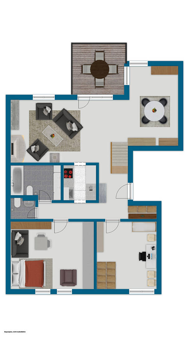 Grundriss einer Wohnung mit Möblierungsbeispiel