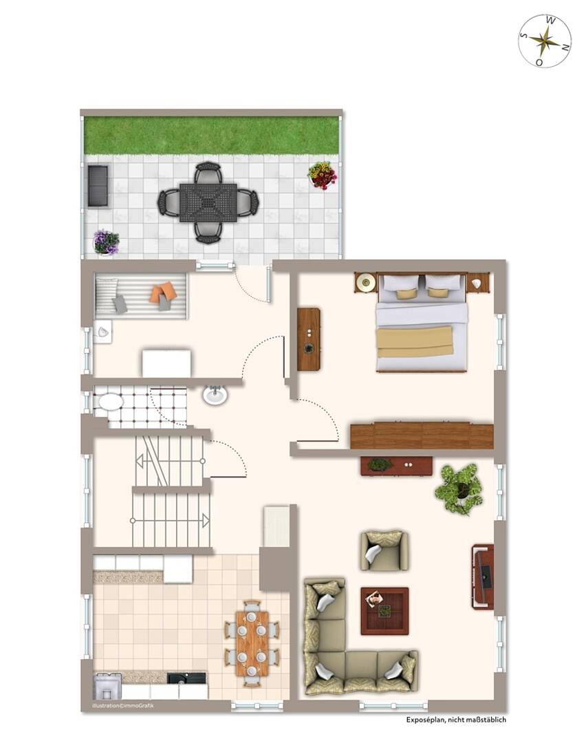 Grundriss einer Wohnung mit Terrasse, Wohnbereich, Küche, Schlafzimmer und Bad