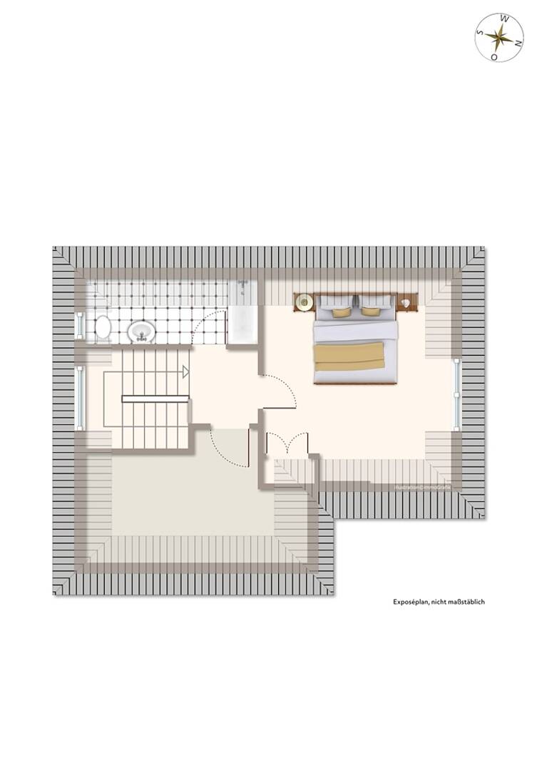 Dachgeschoss-Grundriss mit Schlafzimmer und Bad
