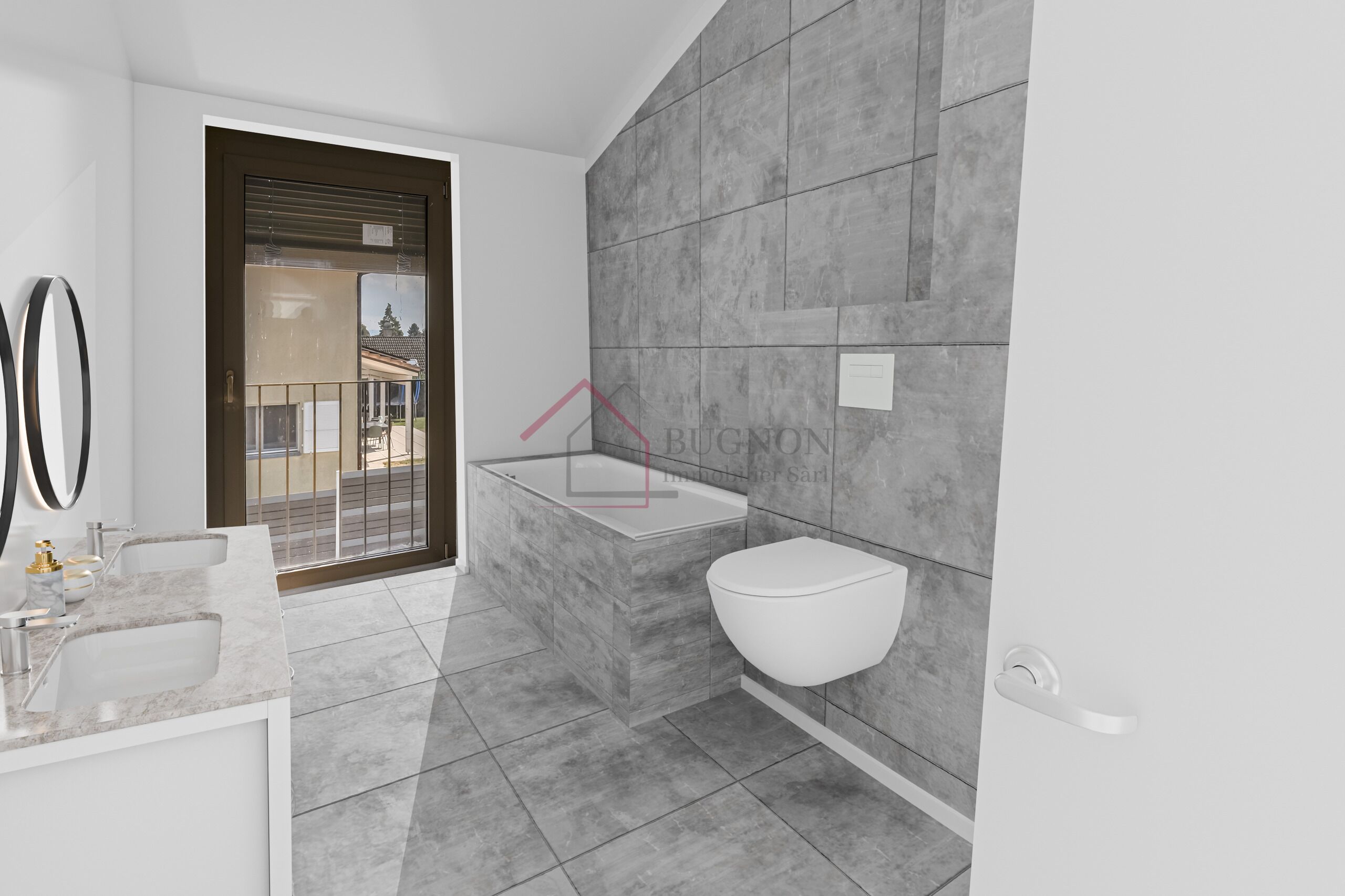 Modernes Badezimmer mit grauer Steinoptik und Dachfenster
