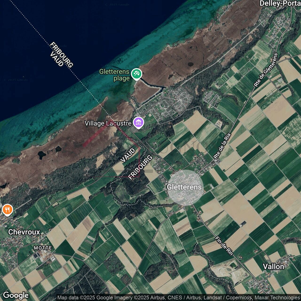 Satellitenkarte einer ländlichen Uferlandschaft am Neuenburgersee