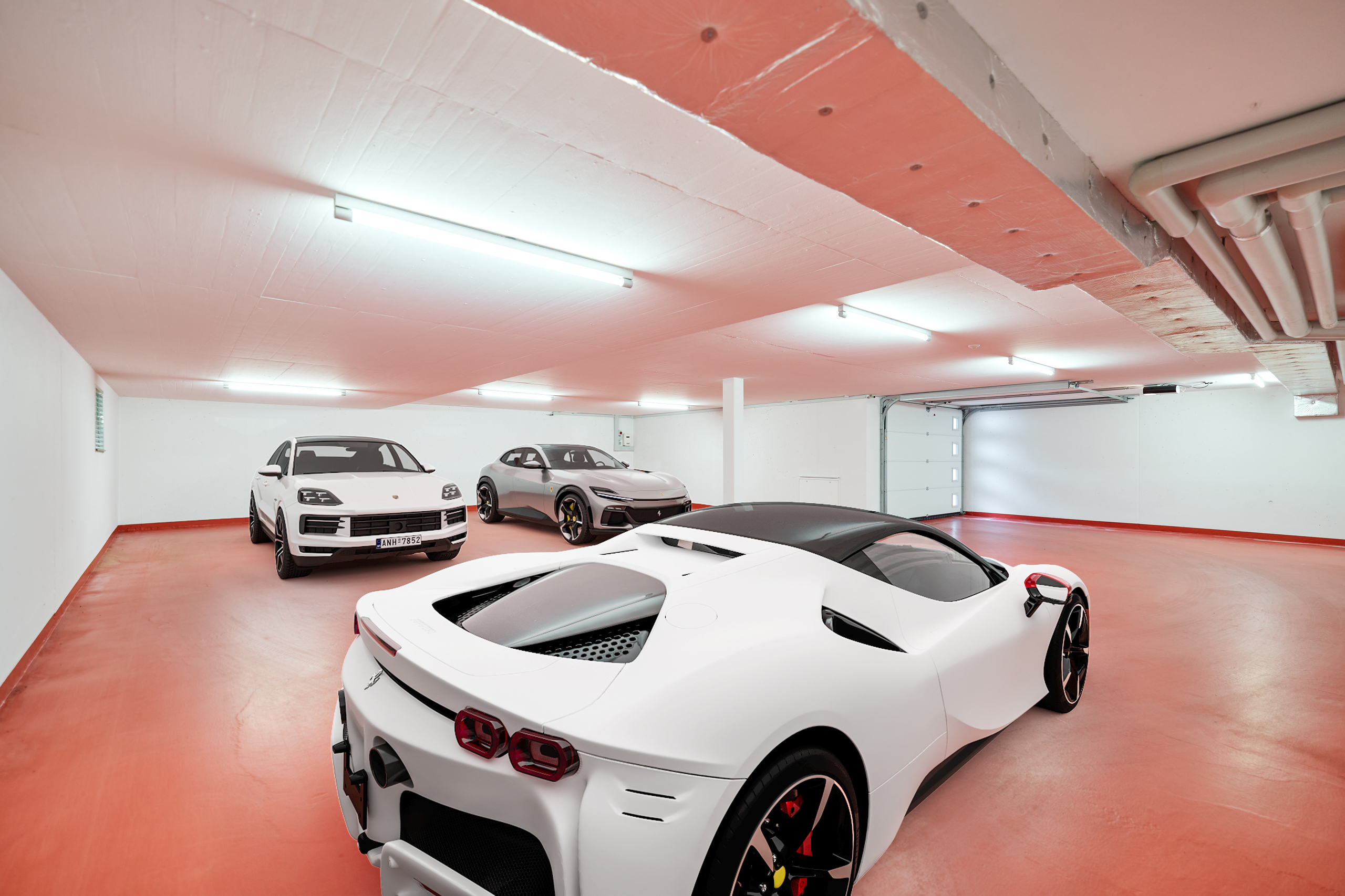 Garagenraum mit mehreren Sportwagen