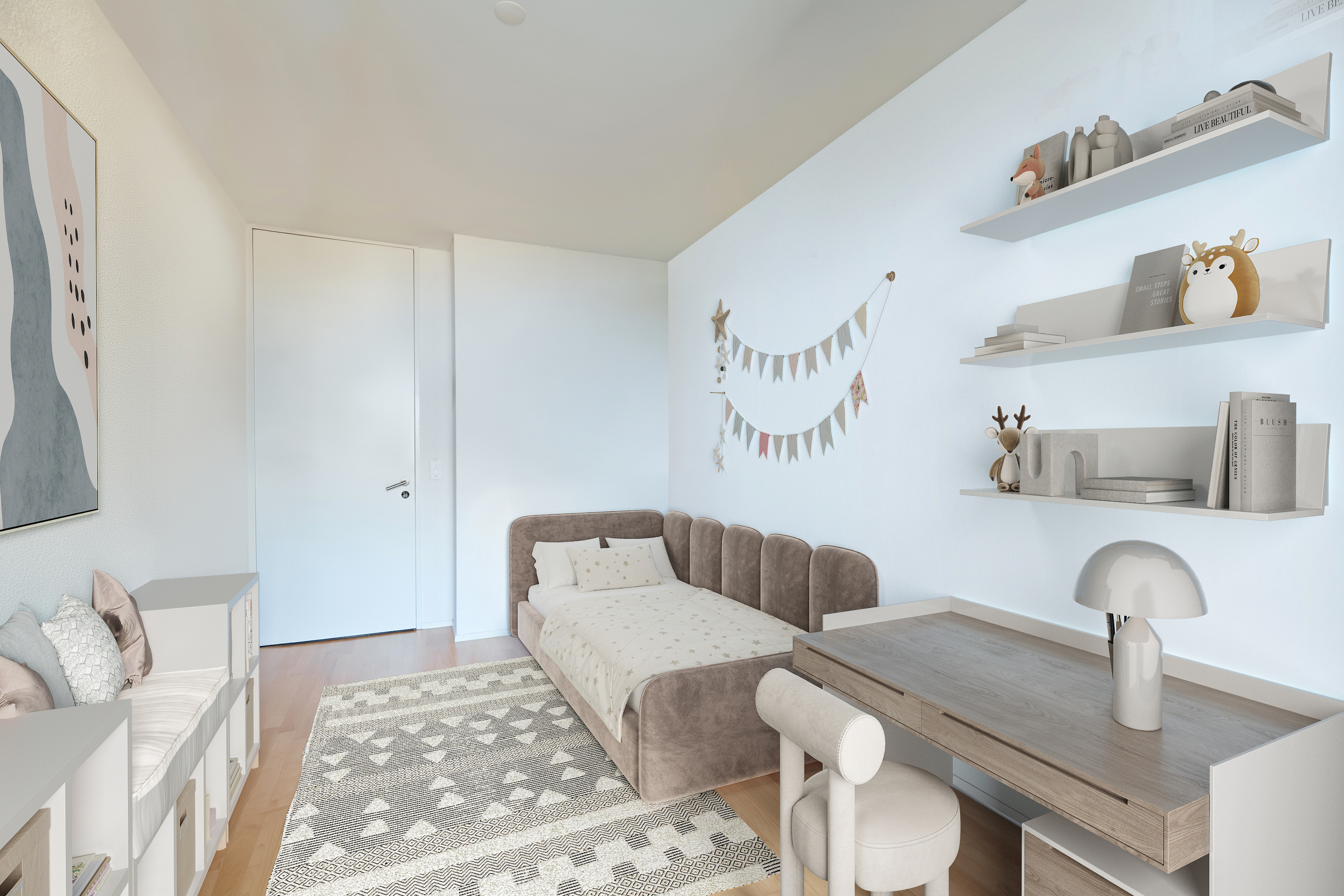 Kinderzimmer mit Tagesbett und Schreibtisch