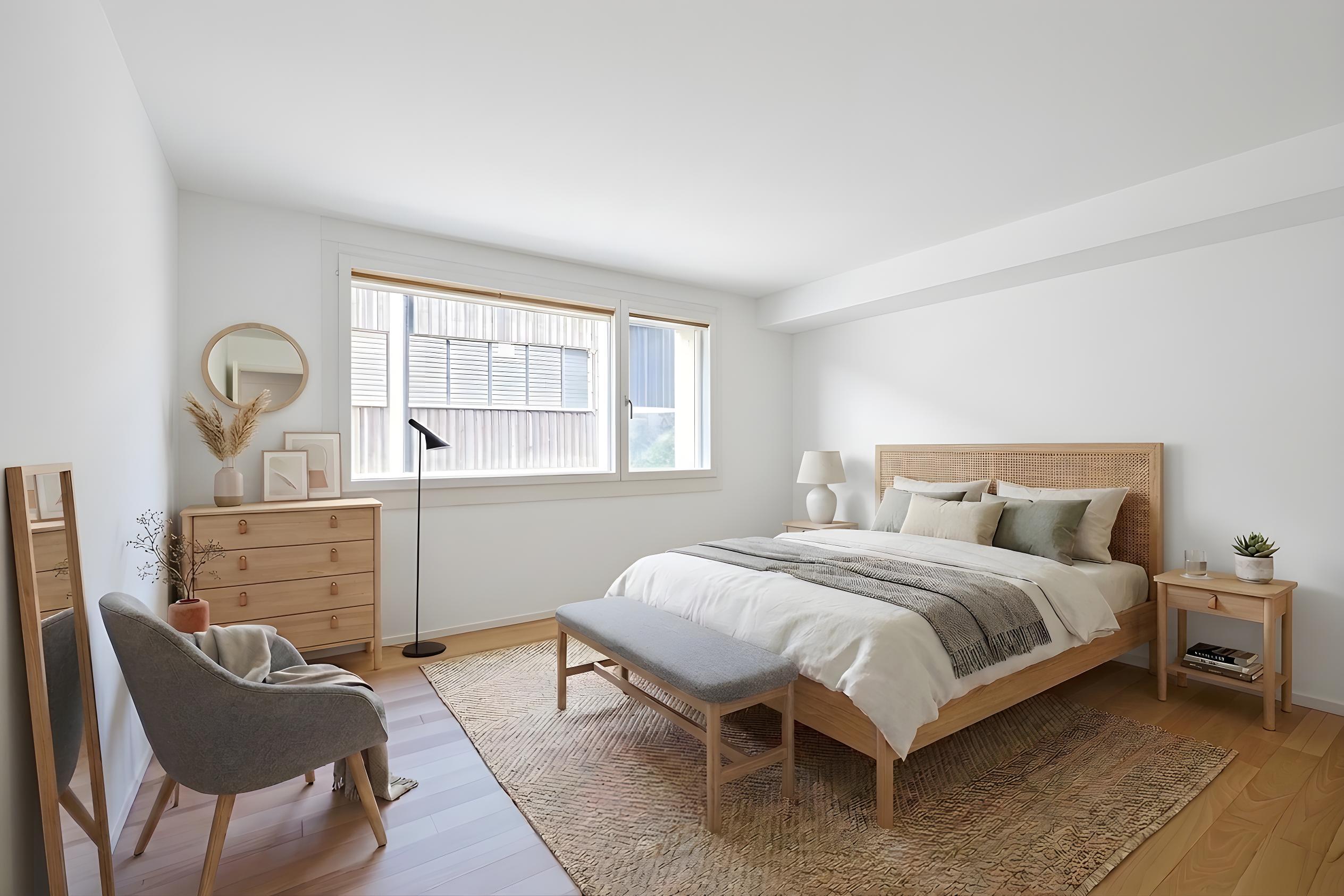 Helles Schlafzimmer mit minimalistischer Einrichtung