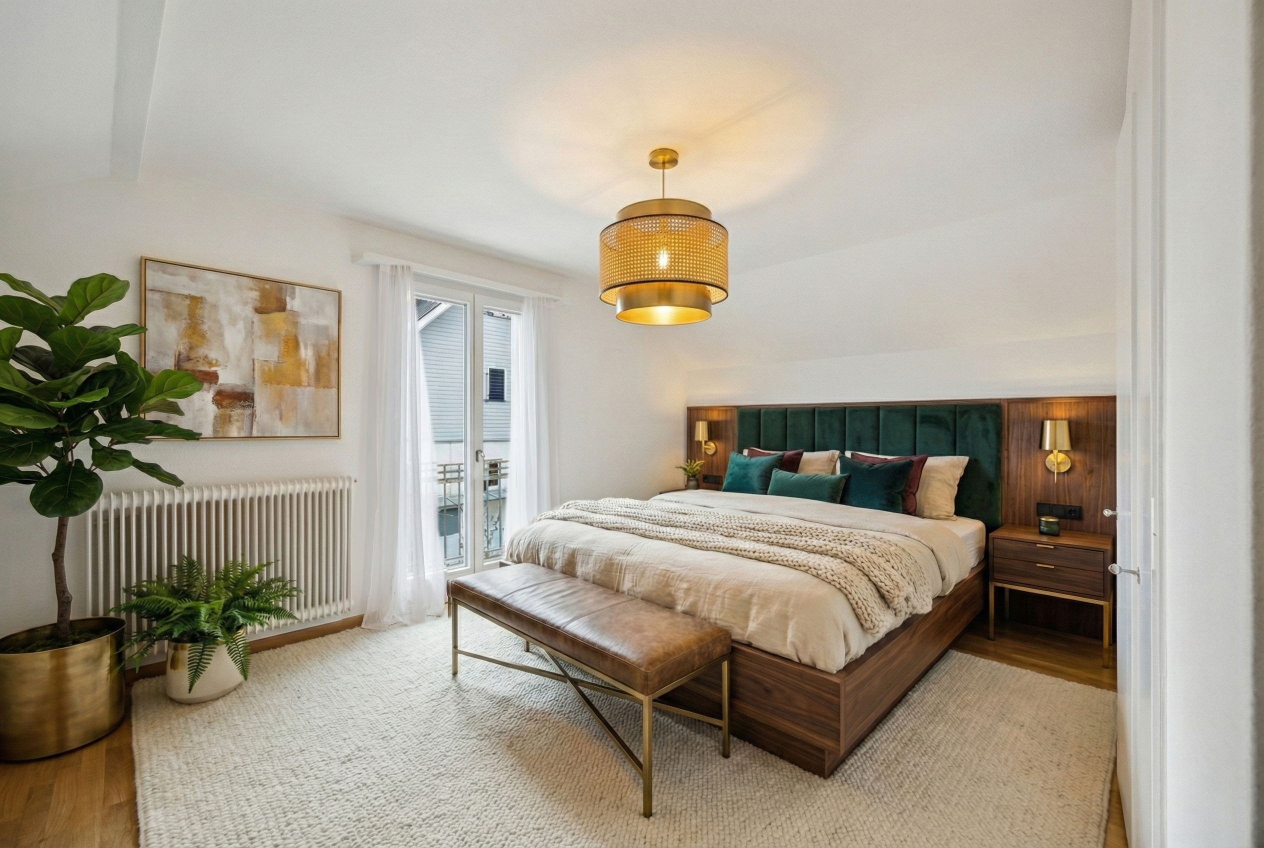 Stilvolles Schlafzimmer mit warmer Akzentbeleuchtung