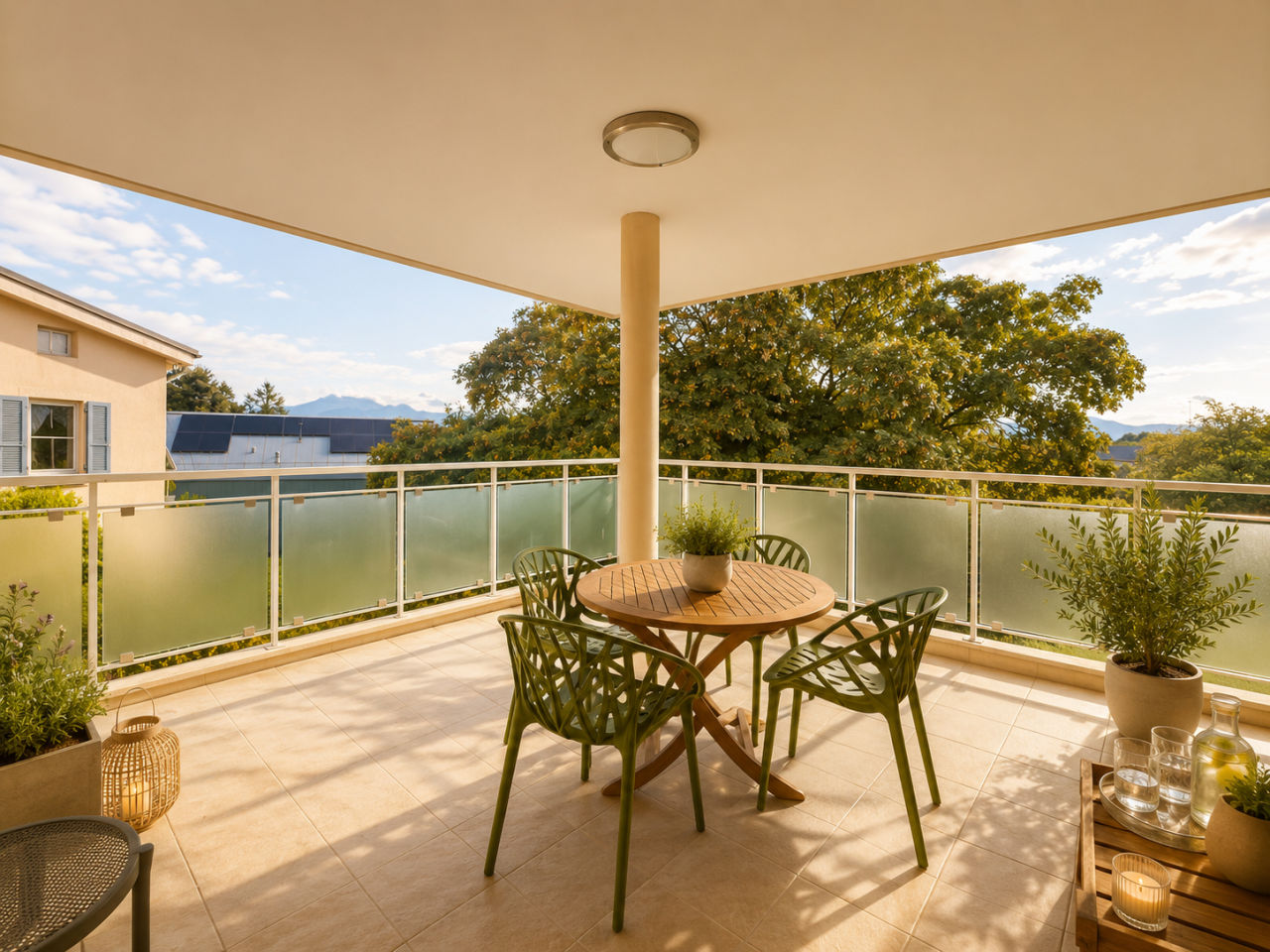 Überdachte Terrasse mit Balkonmöbeln