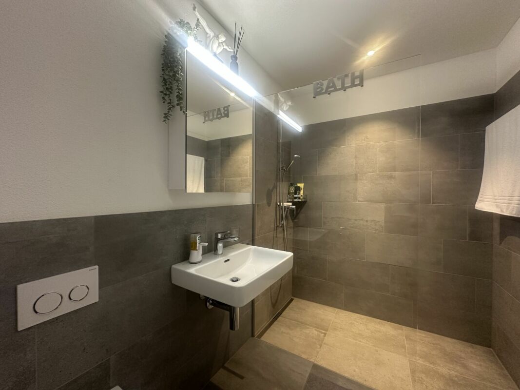 Modernes Badezimmer mit begehbarer Dusche und Waschtisch
