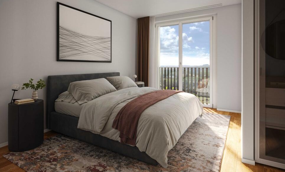 Modernes Schlafzimmer mit Balkonblick