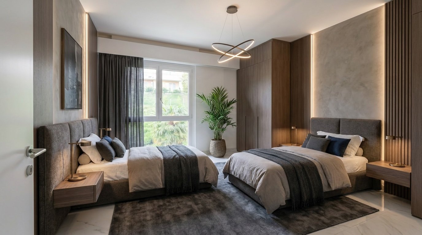 Modernes Schlafzimmer mit zwei Betten und eleganter Holzverkleidung