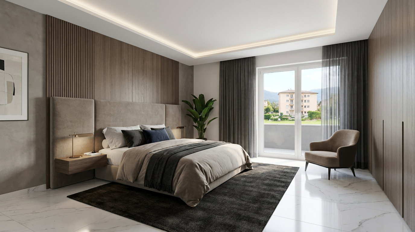 Modernes Schlafzimmer mit Balkonblick