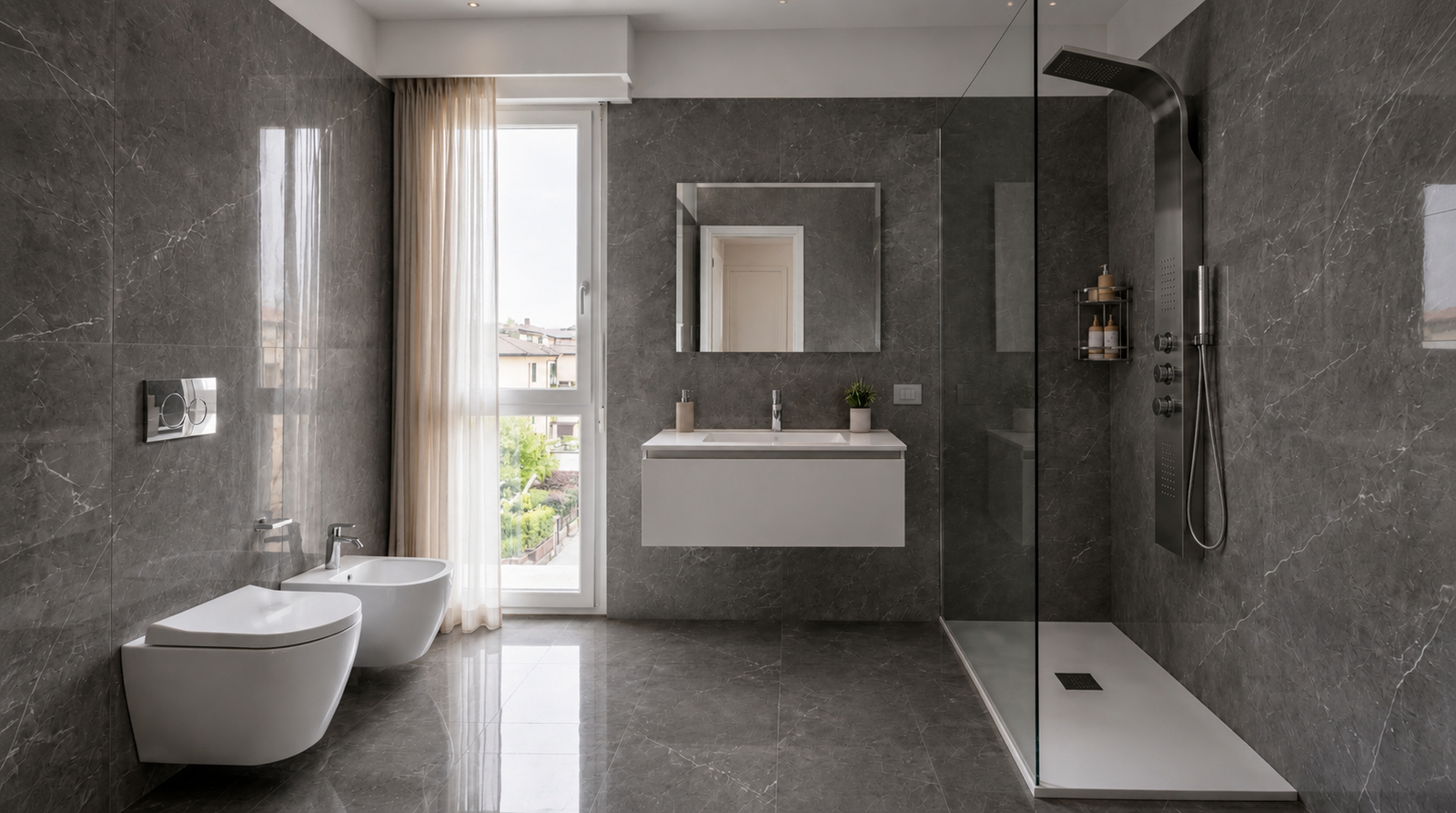 Modernes Badezimmer mit Walk-in-Dusche und Doppel-WC