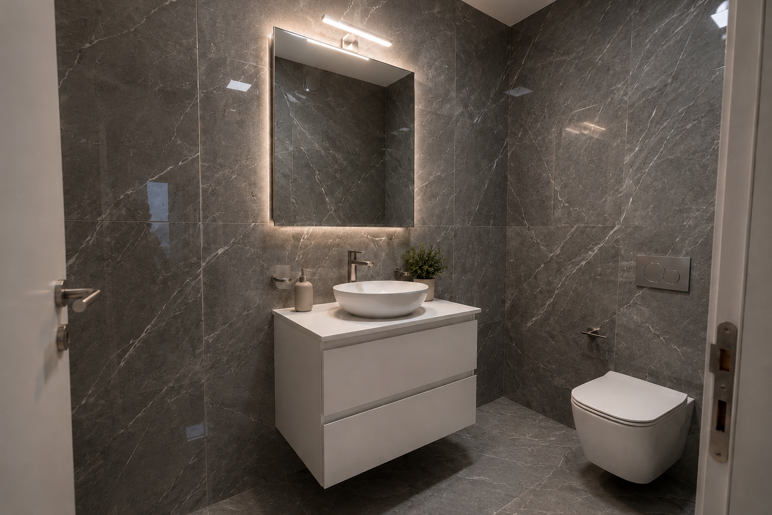 Modernes Gäste-WC mit dunkler Steinoptik