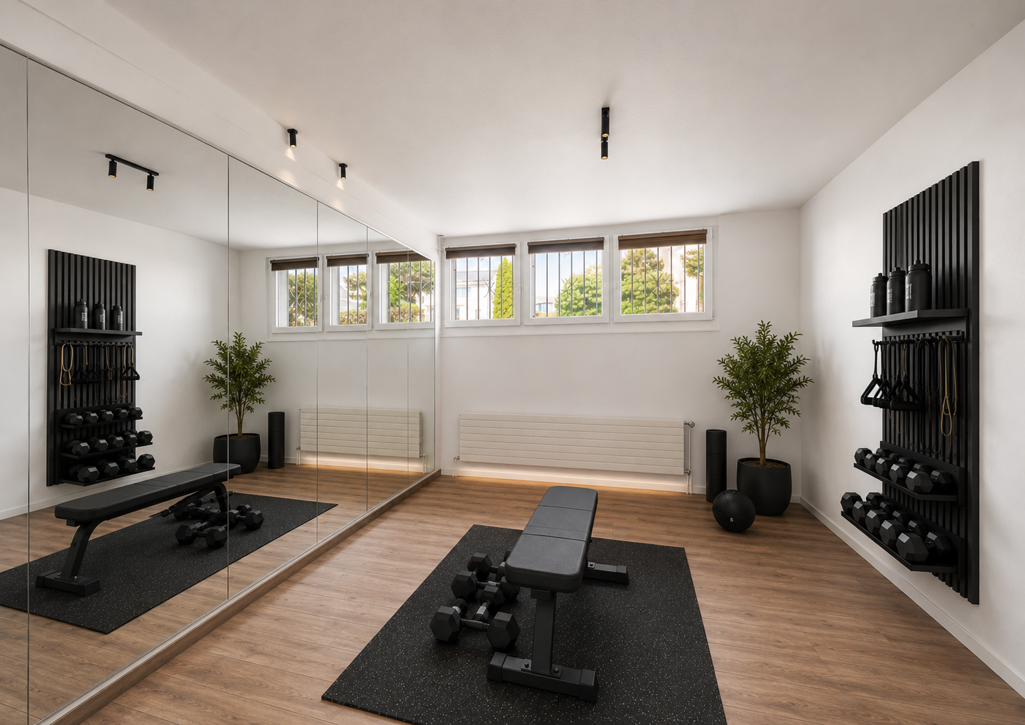 Moderner Fitnessraum mit Spiegelwand