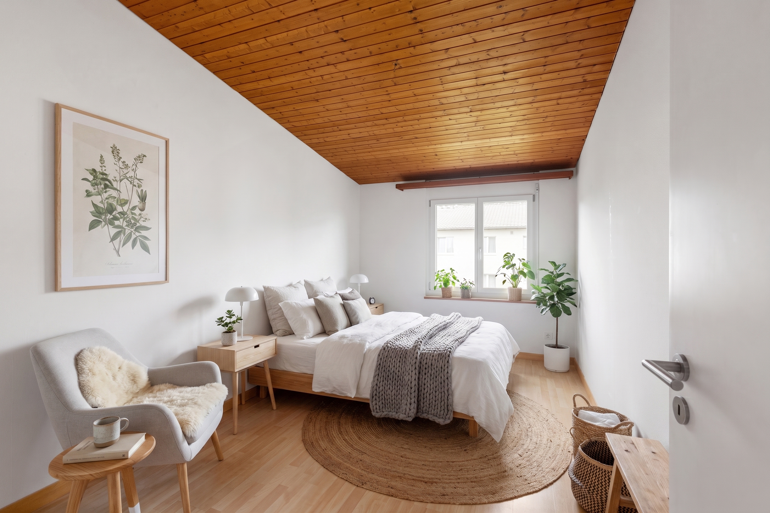 Helles Schlafzimmer mit Holzdecke